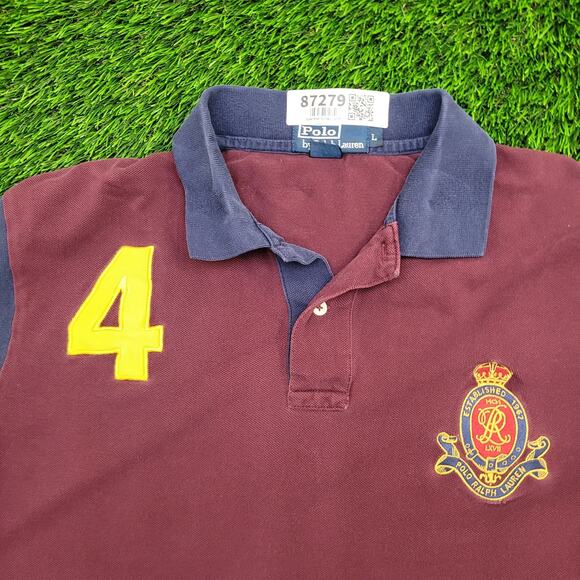 Ralph-Lauren Polo Shirt Large 23x28 Burgundy Blue Crest Logo - Picture 9 of 12